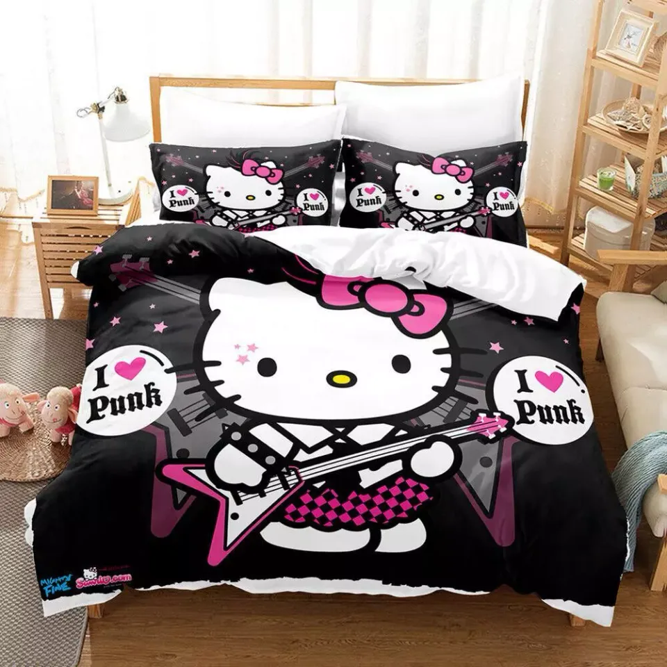 Rock Music Hello Kitty Quilt Duvet Cover Set Pillowcase Queen Comforter Cover