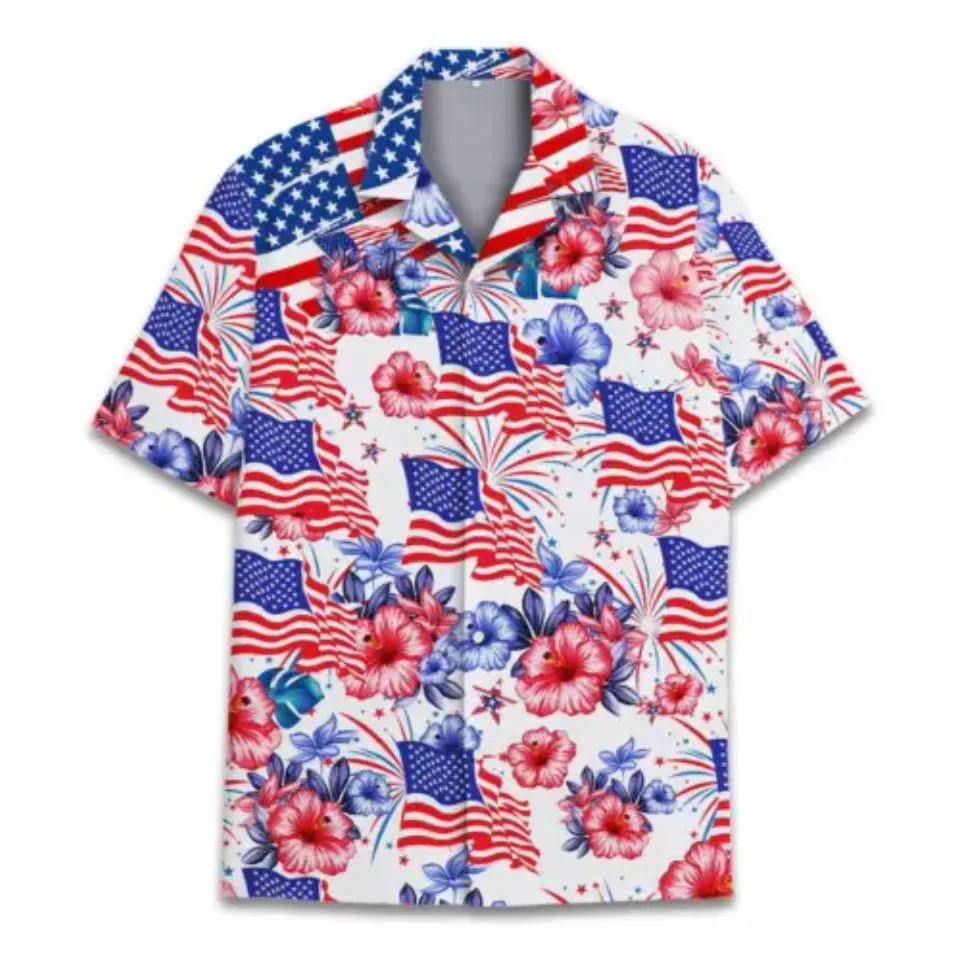 Flower American Flag Hawaiian Shirts, Patriotic 4th Of July 1776 Button Up