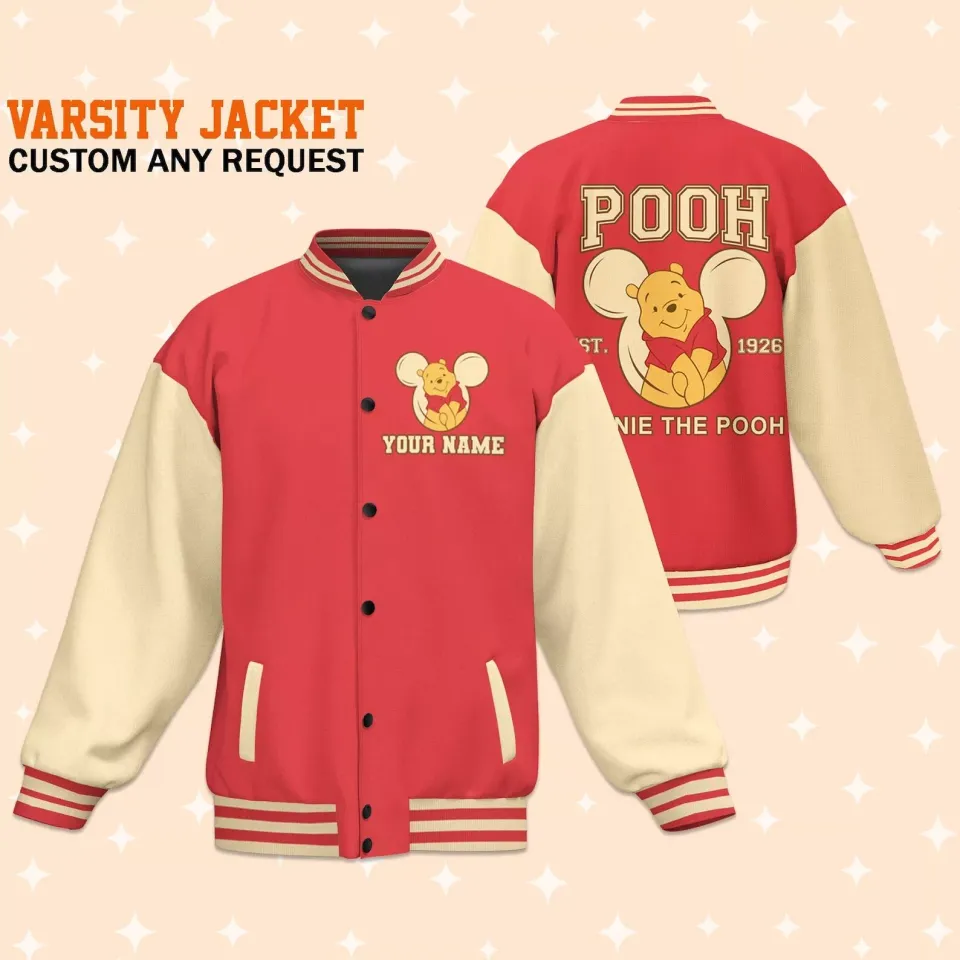 Personalize Winnie The Pooh Hundred Acre Woods Red, Adult Baseball Jacket