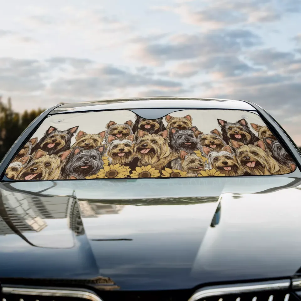 Yorkshire Terrier Dogs Happy Team Dogs Sunflowers Car  Sun Shade