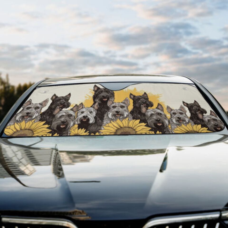 Scottish Terrier Dogs Happy Team Dogs Sunflowers Car Windshield Sun Shade