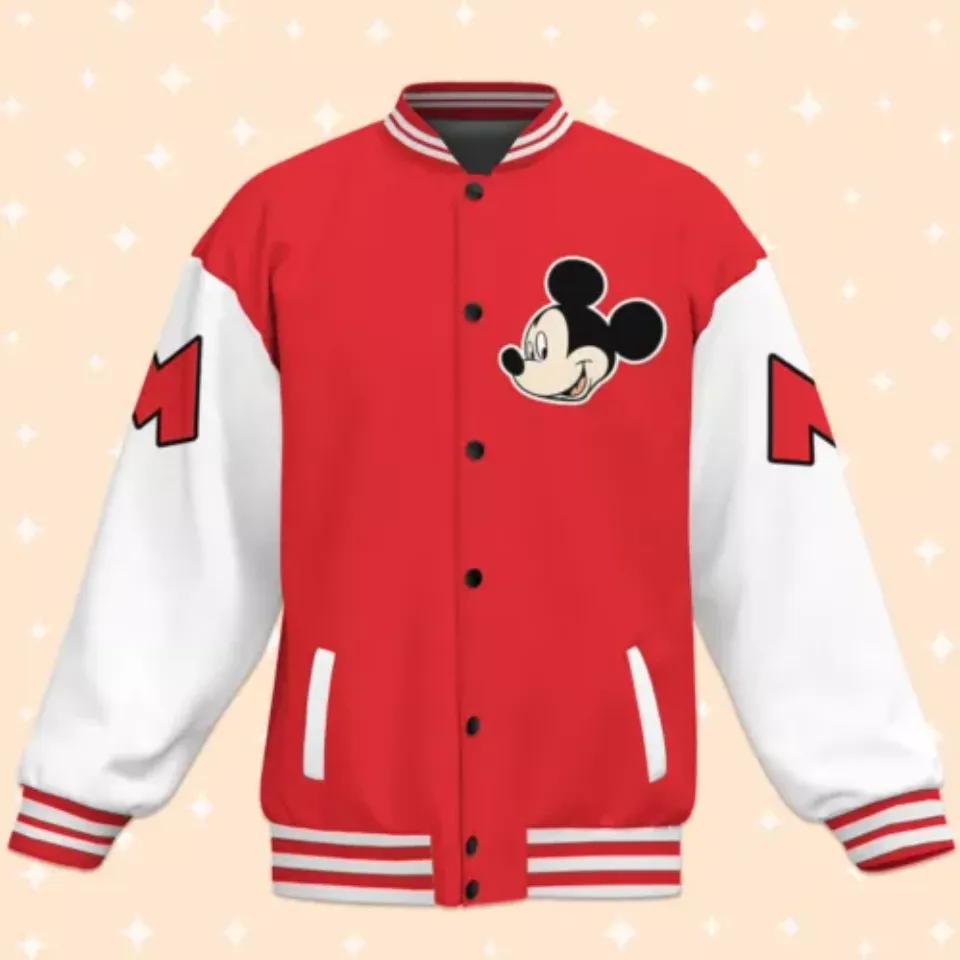 Personalize Disney Mickey Red And White Baseball Jacket, Adult Varsity Jacket