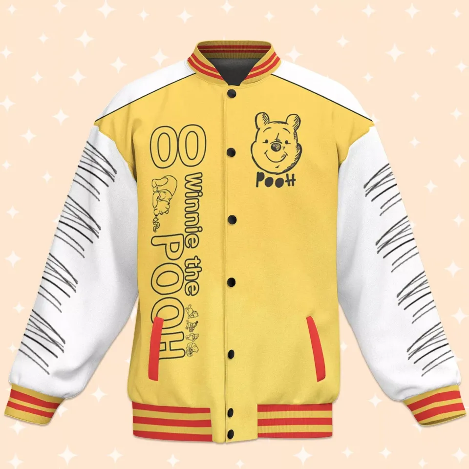 Custom Winnie the Pooh Doodle Baseball Jacket, Adult Varsity Jacket, Personalized