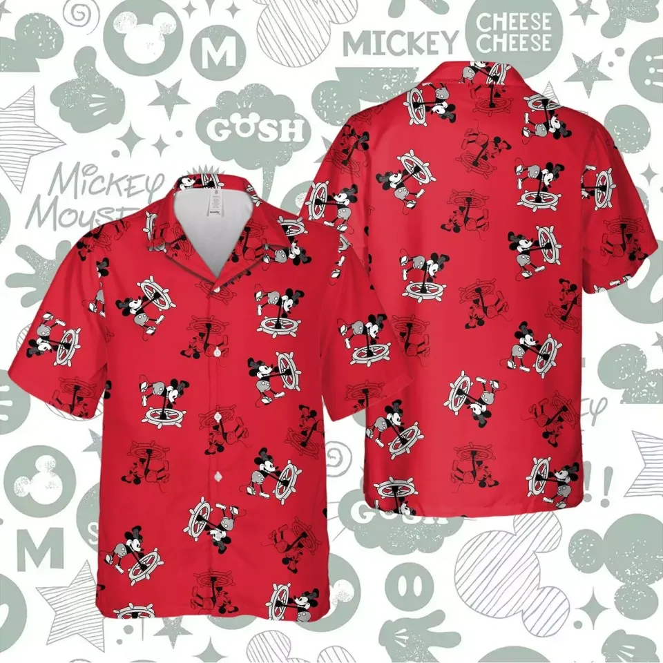 Steamboat Willie Funny Cartoon Mickey Mouse Disney Themed Aloha Hawaiian Shirt, Woven Polyester Fabric Shirt, Summer Short Sleeve Button Down Shirts For Men, Women