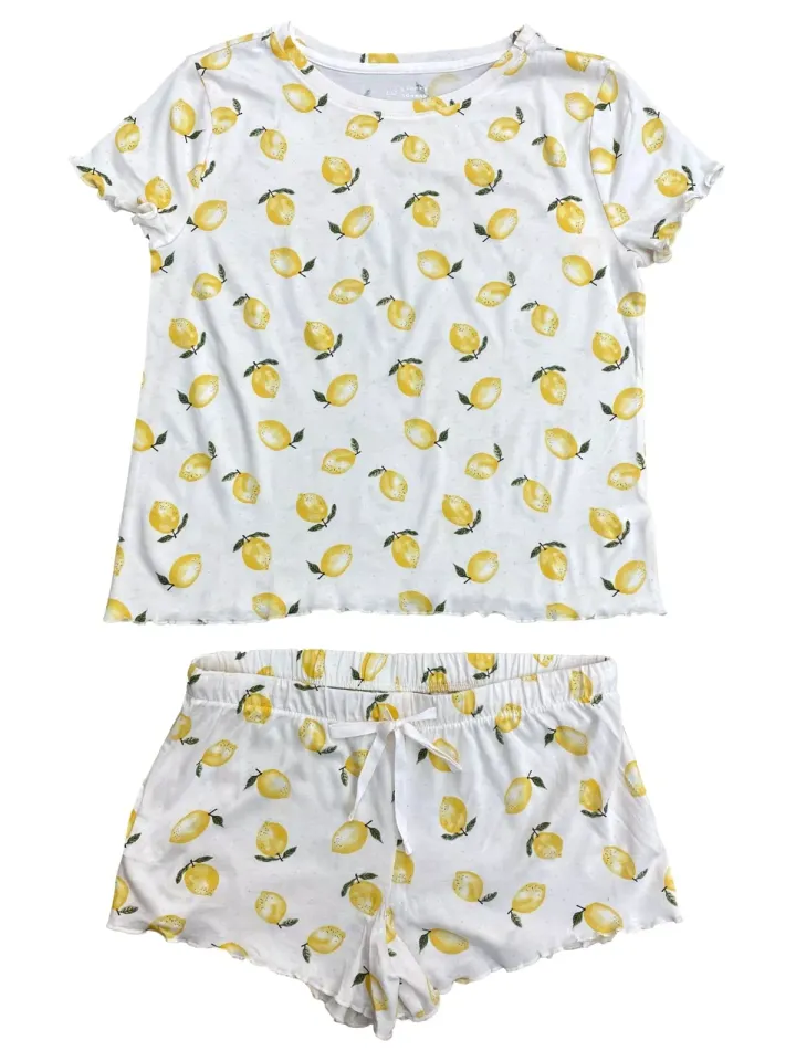 Womens Lightweight Yellow Lemon Pajamas Set, Short Sleeve Pajama Sets for Women, Girls, Homewear, Sleepwear