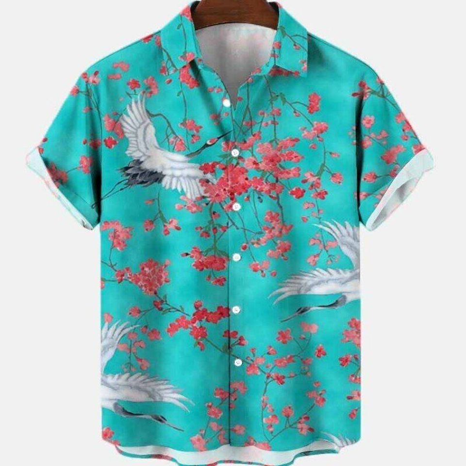 Asian Lucky Crane Cherry Blossom Art Men's Hawaiian Shirt