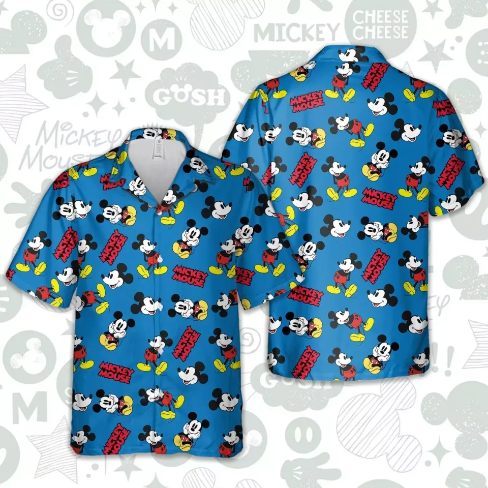 Steamboat Willie Mickey Mouse Funny Disney Cartoon Themed Aloha Hawaiian Shirt, Woven Polyester Fabric Shirt, Summer Short Sleeve Button Down Shirts For Men, Women