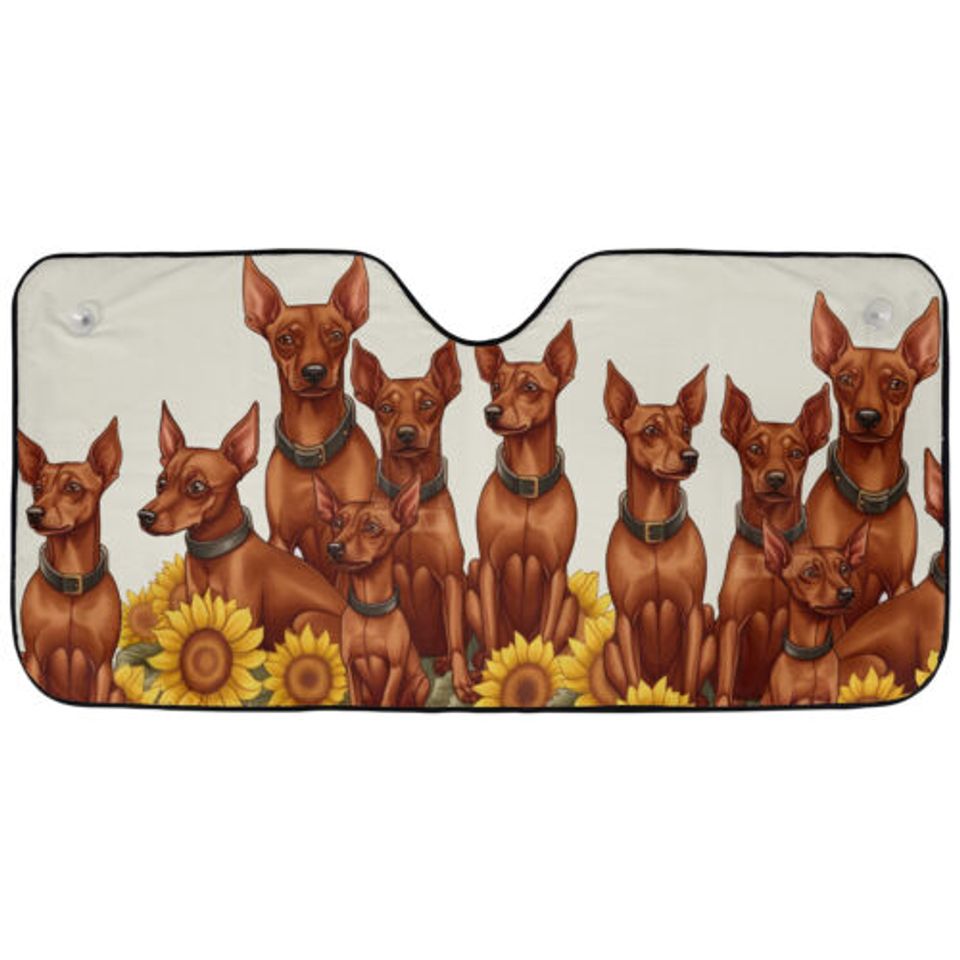 Red Miniature Pinscher Happy Team Dogs Sunflowers Car Windshield Sun Shade