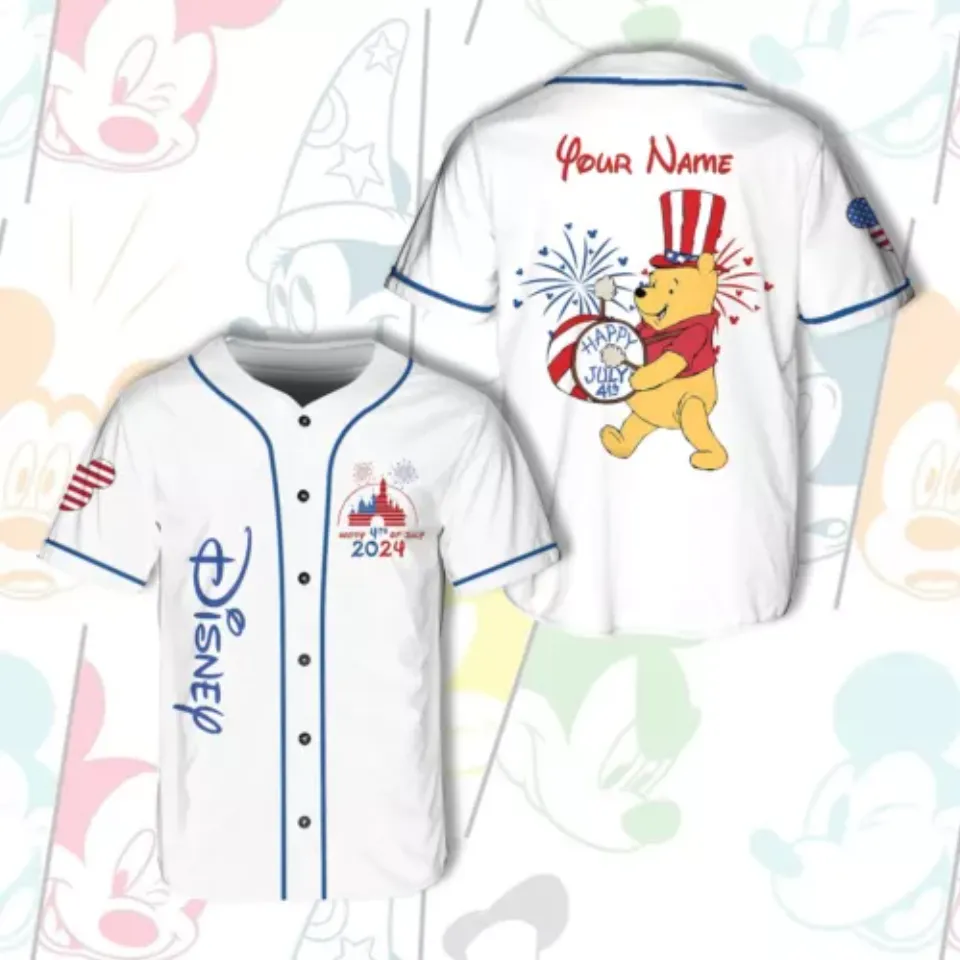 Personalized Pooh Bear USA Patriotic Happy 4th Of July Baseball Jersey Shirt