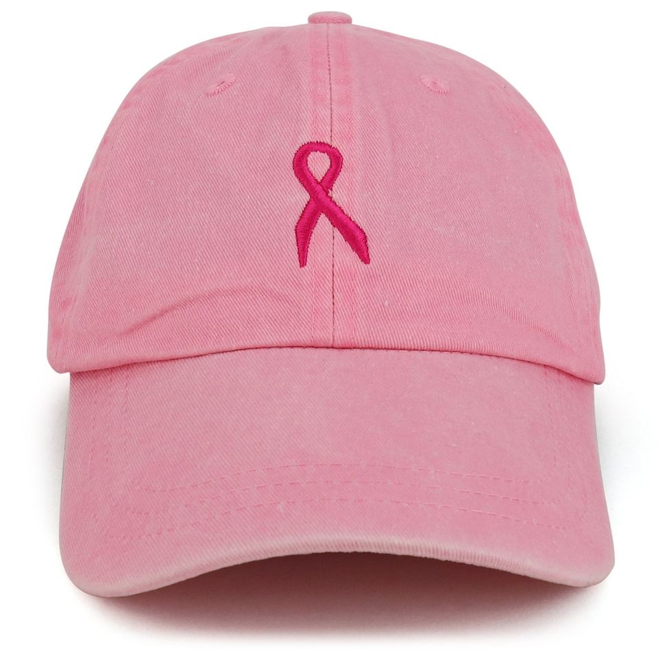 Small Breast Cancer Awareness Ribbon Embroidered Washed Cotton Cap