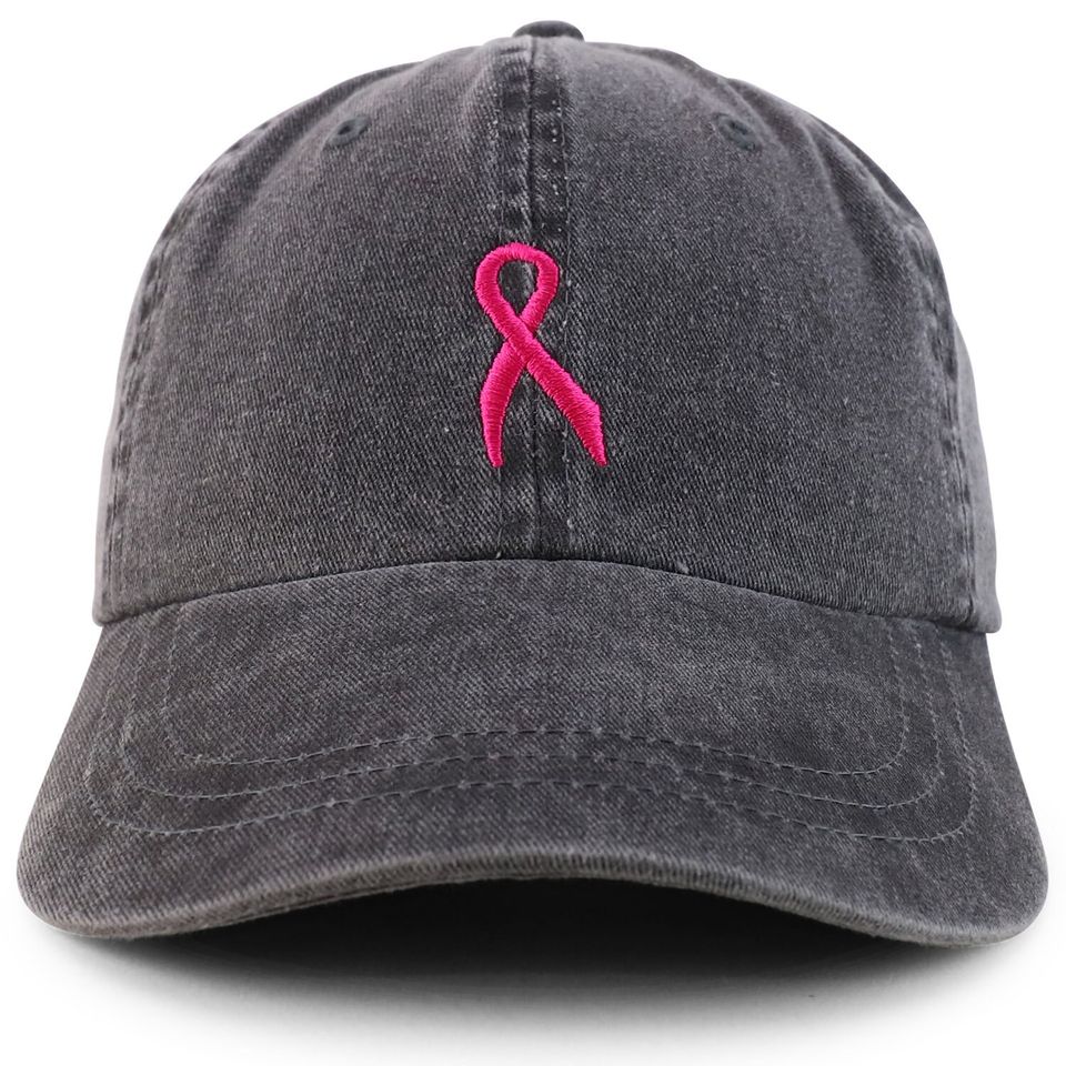 Small Breast Cancer Awareness Ribbon Embroidered Washed Cotton Cap