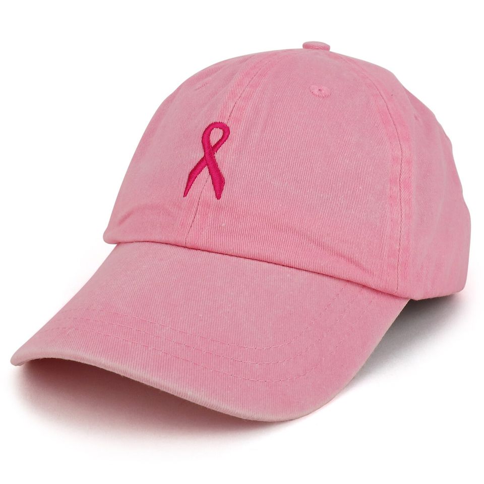 Small Breast Cancer Awareness Ribbon Embroidered Washed Cotton Cap