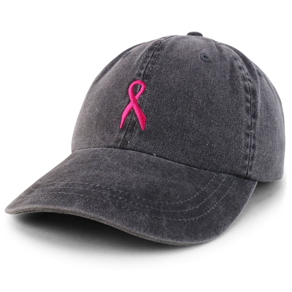 Small Breast Cancer Awareness Ribbon Embroidered Washed Cotton Cap