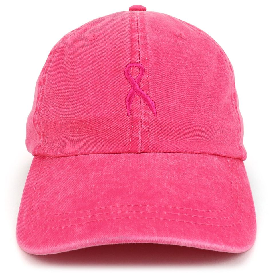 Small Breast Cancer Awareness Ribbon Embroidered Washed Cotton Cap