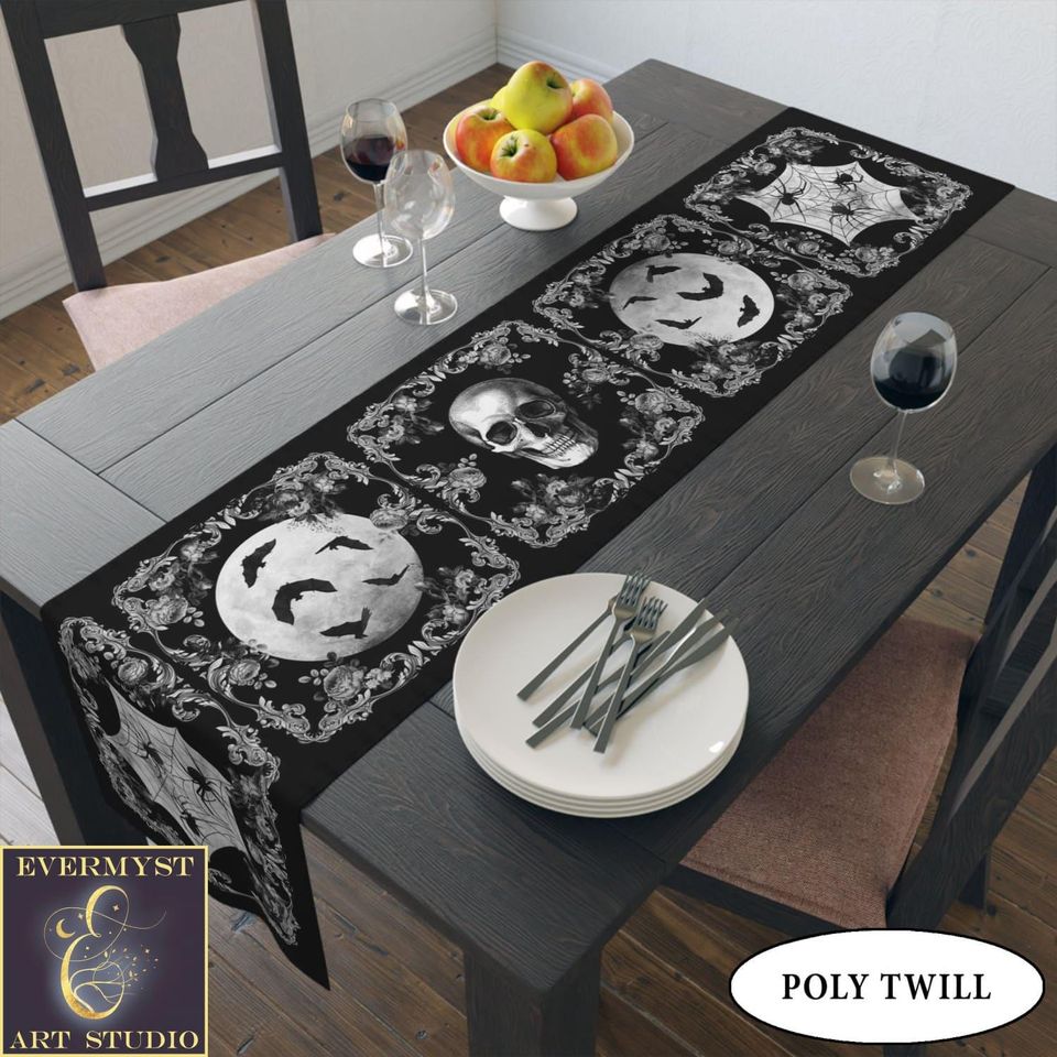 Gothic Skull Table Runner Victorian Vintage Glam Spooky Halloween Decor