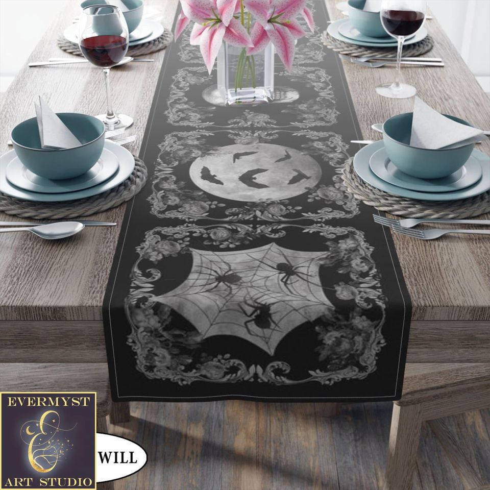 Gothic Skull Table Runner Victorian Vintage Glam Spooky Halloween Decor