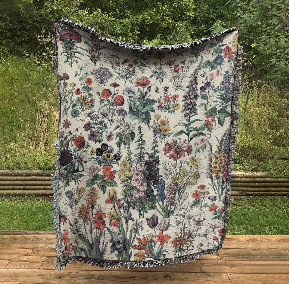 Adolphe Millot Woven - Fleurs Floral Tapestry,  Woven Flower Throw - Vintage Flower Bohemian Blanket  - in Cotton for Meditation or Yoga