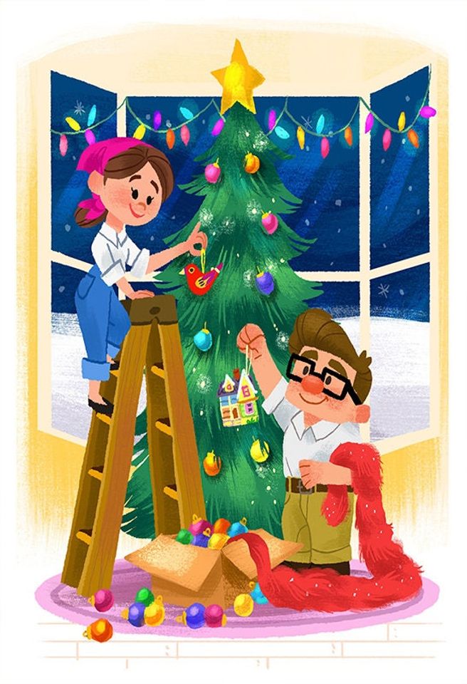 Disney UP Carl and Ellie Pixar Christmas Tree Presents Poster