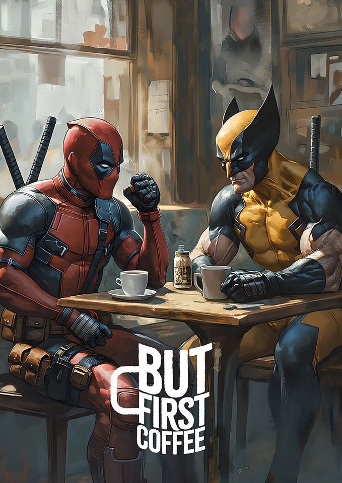DeadPool Wolverine Poster, But First Coffee, Hero Poster
