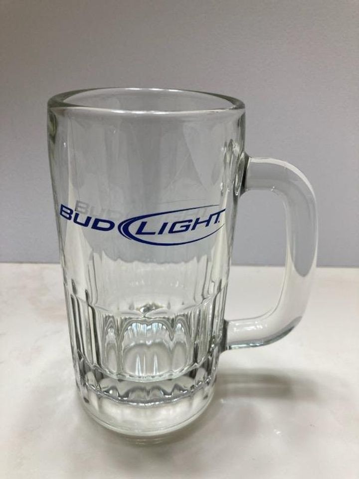 Bud Light Beer Mug with Blue Lettering, Heavy Glass, Collectible Barware