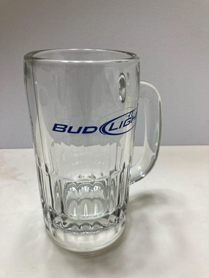 Bud Light Beer Mug with Blue Lettering, Heavy Glass, Collectible Barware