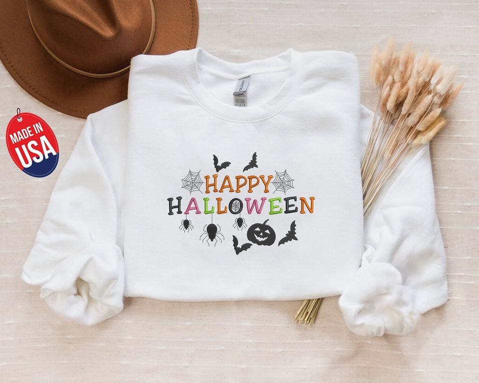 Happy Halloween Sweatshirt, Embroidered Halloween Crewneck Sweater