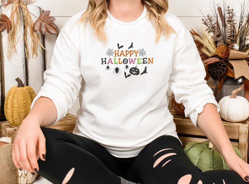 Happy Halloween Sweatshirt, Embroidered Halloween Crewneck Sweater