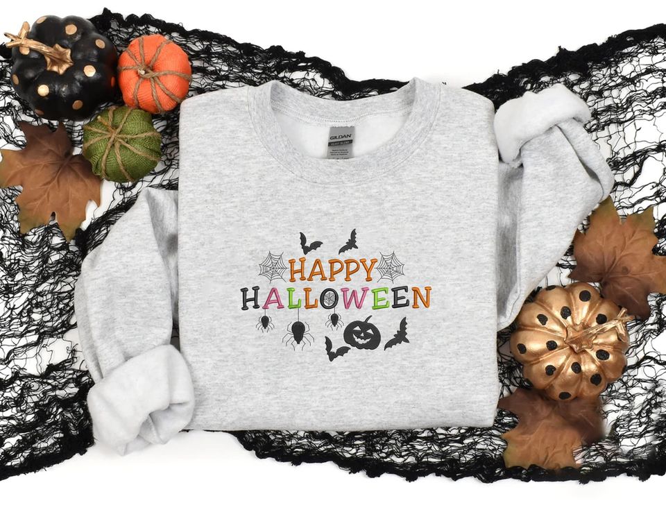 Happy Halloween Sweatshirt, Embroidered Halloween Crewneck Sweater