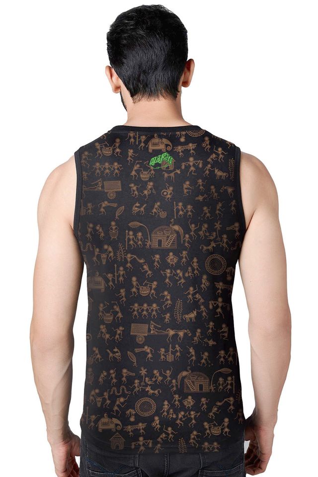 Men's All Over Print Tribal Warli Art Vest Shirt, Indian Forest Tank Top, Festival & Burning Man Style