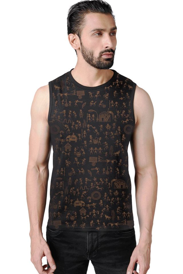 Men's All Over Print Tribal Warli Art Vest Shirt, Indian Forest Tank Top, Festival & Burning Man Style