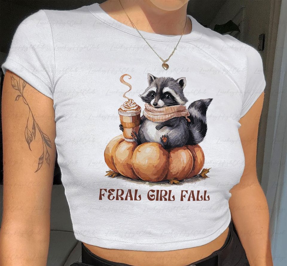 Feral Girl Fall Coquette Baby Tee, Raccoon Autumn Baby Tee, Thanksgiving Pumpkin Crop Top