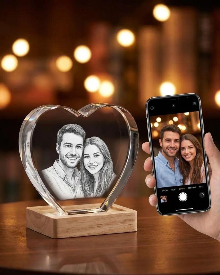 Personalized 3D Photo Heart Crystal, Laser Engraved Keepsake