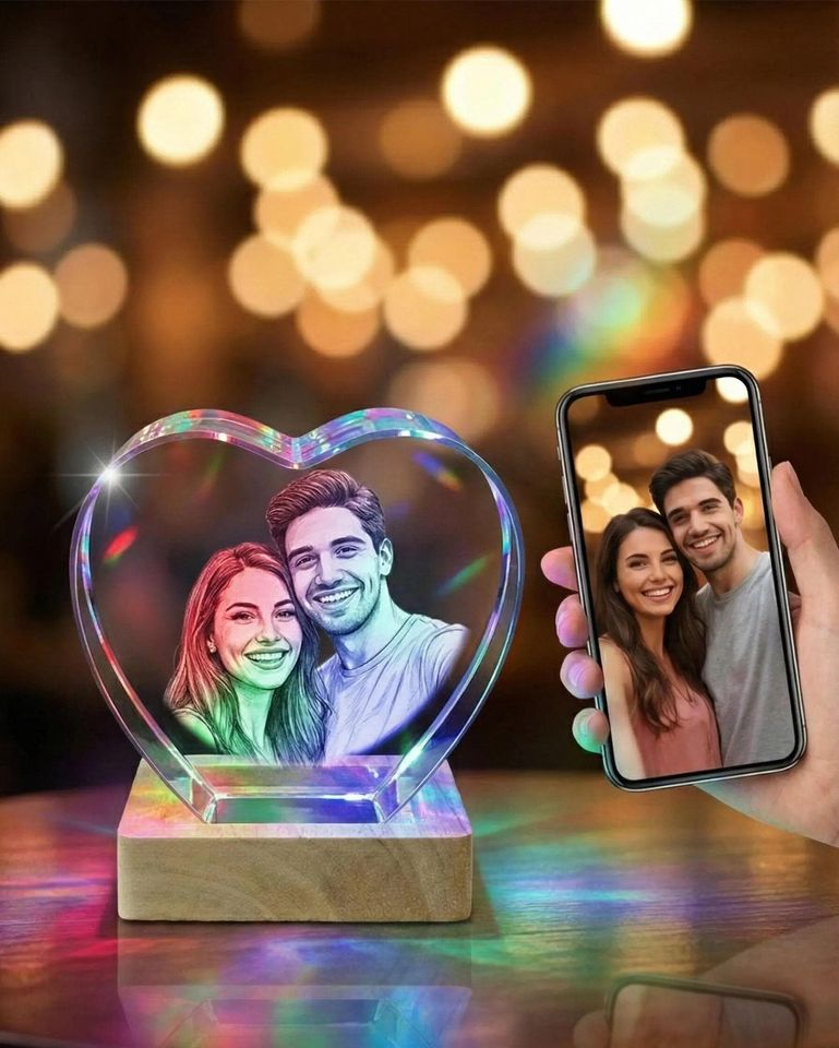 Personalized 3D Photo Heart Crystal, Laser Engraved Keepsake