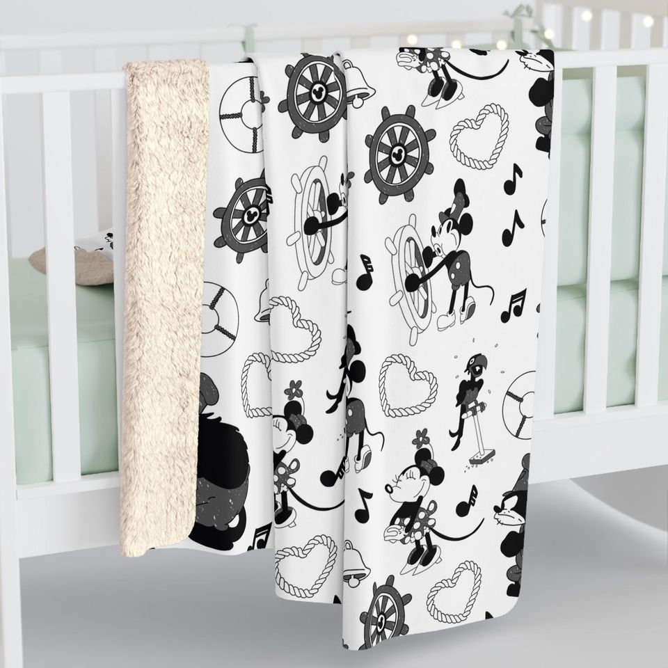 Steamboat Willie Inspired Sherpa Fleece Blanket Throw Hand Drawn Art Gift Disneyland Ride World Kingdom Mickey Mouse pete