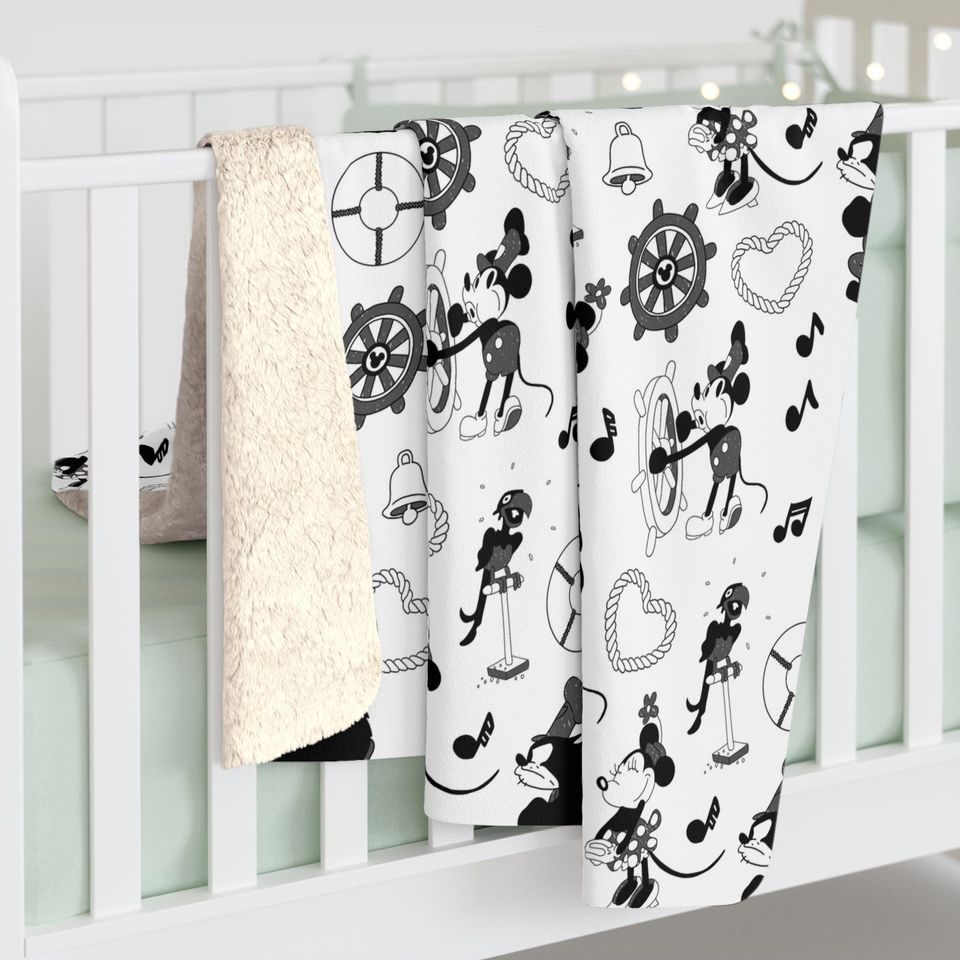 Steamboat Willie Inspired Sherpa Fleece Blanket Throw Hand Drawn Art Gift Disneyland Ride World Kingdom Mickey Mouse pete