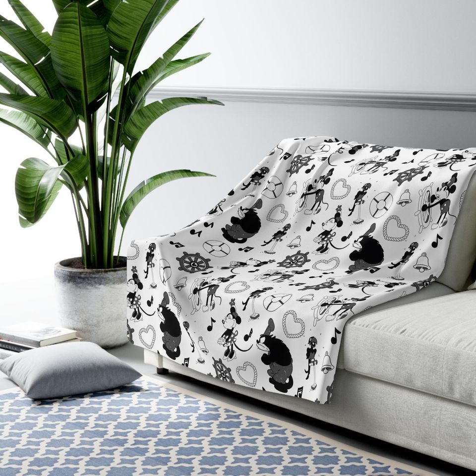 Steamboat Willie Inspired Sherpa Fleece Blanket Throw Hand Drawn Art Gift Disneyland Ride World Kingdom Mickey Mouse pete