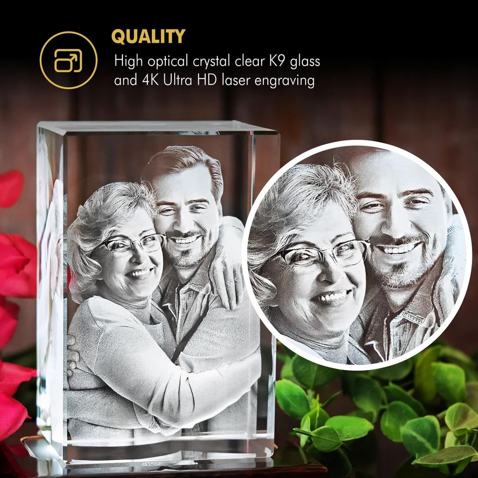 Custom 3D Photo Glass, 4K HD Laser Etched, Anniversary Gift, Gift for Couples, Holiday Gift Idea, Pet Lovers Decor | 3D Crystal Rectangle