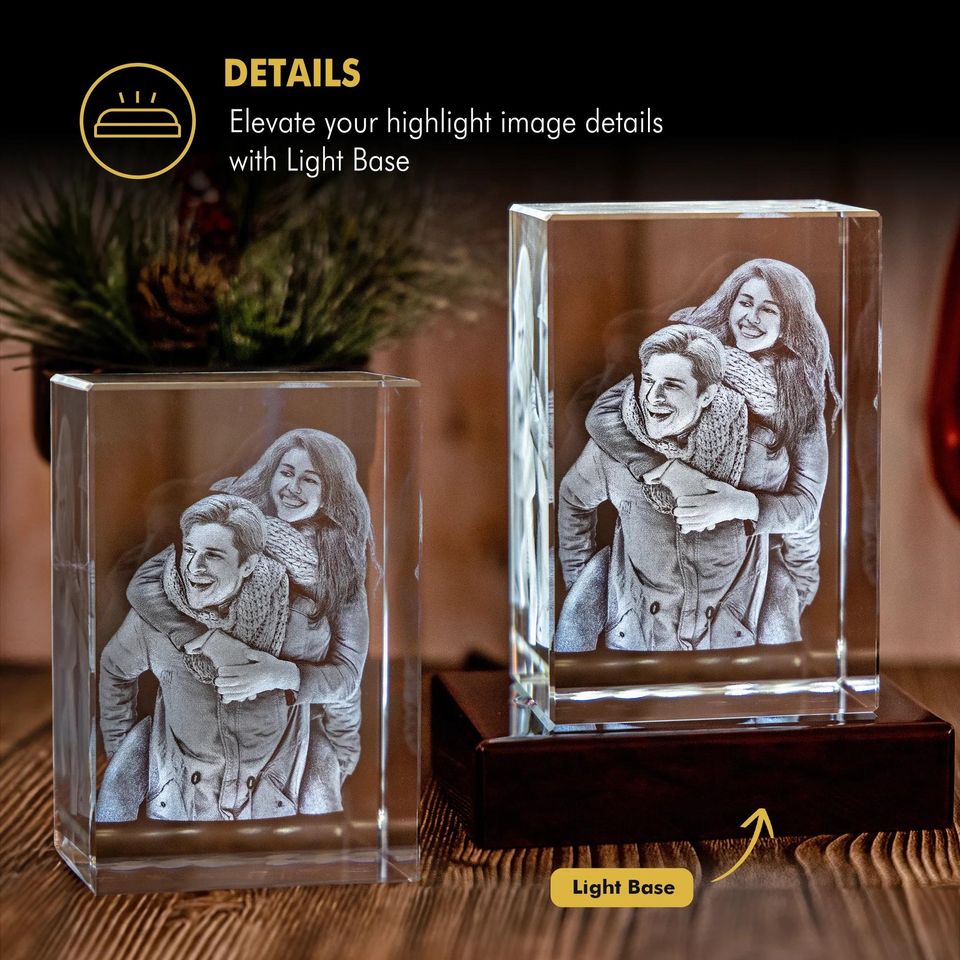 Custom 3D Photo Glass, 4K HD Laser Etched, Anniversary Gift, Gift for Couples, Holiday Gift Idea, Pet Lovers Decor | 3D Crystal Rectangle