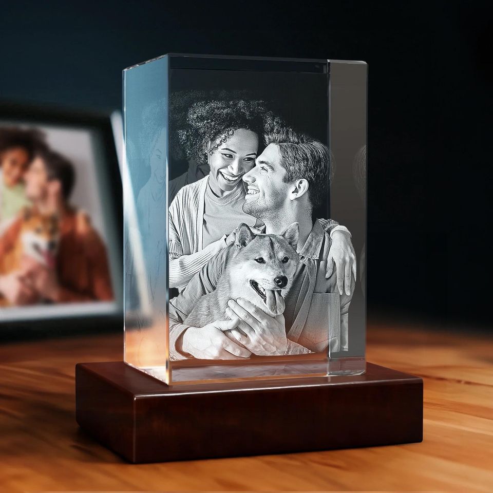 Custom 3D Photo Glass, 4K HD Laser Etched, Anniversary Gift, Gift for Couples, Holiday Gift Idea, Pet Lovers Decor | 3D Crystal Rectangle
