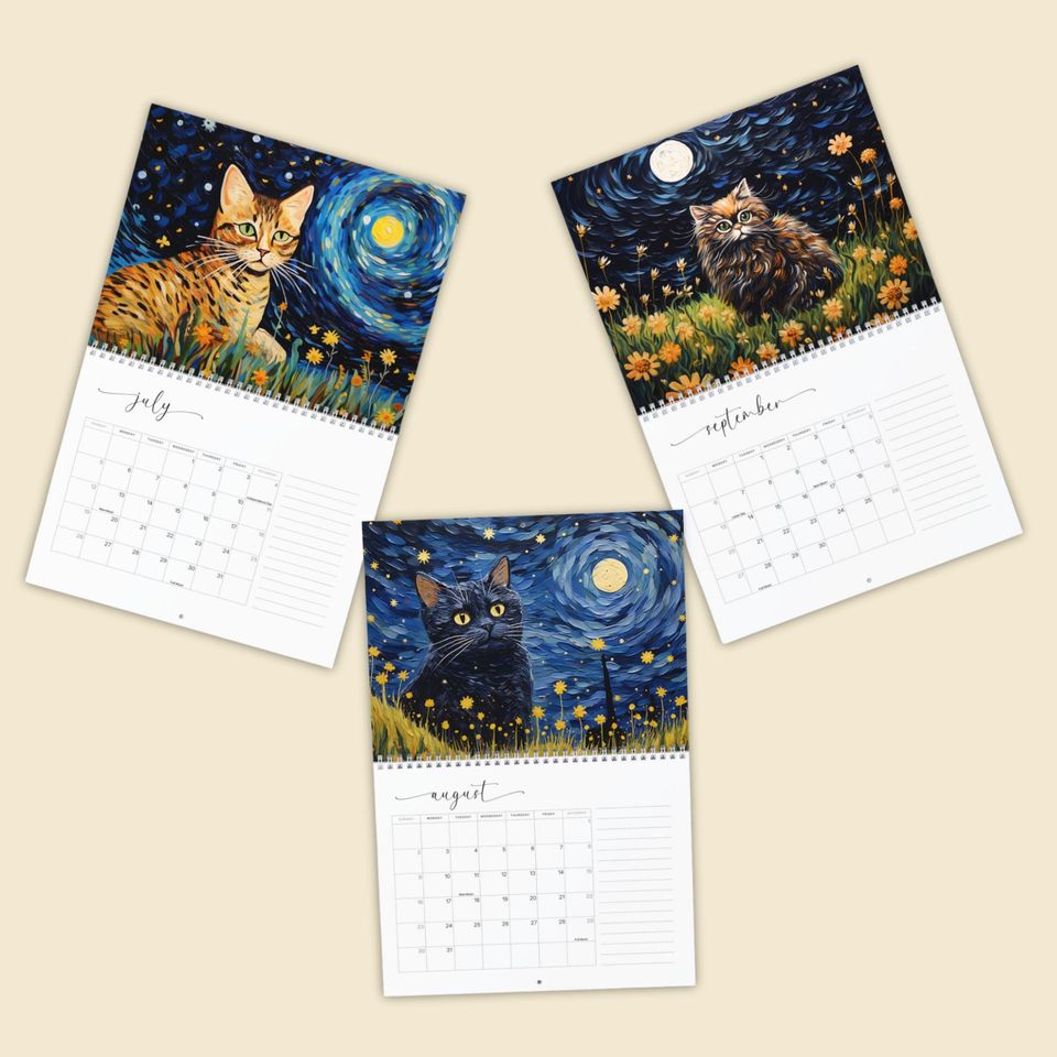 2026 Cat Art Wall Calendar, Van Gogh Starry Night