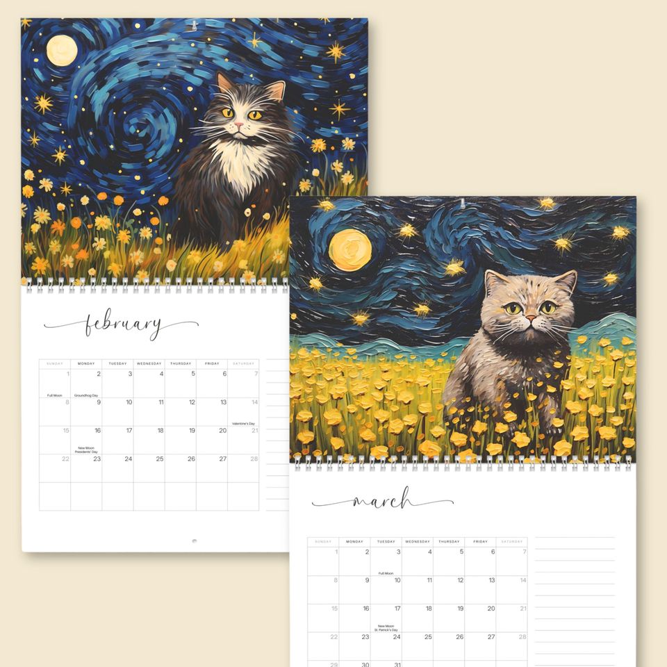 2026 Cat Art Wall Calendar, Van Gogh Starry Night