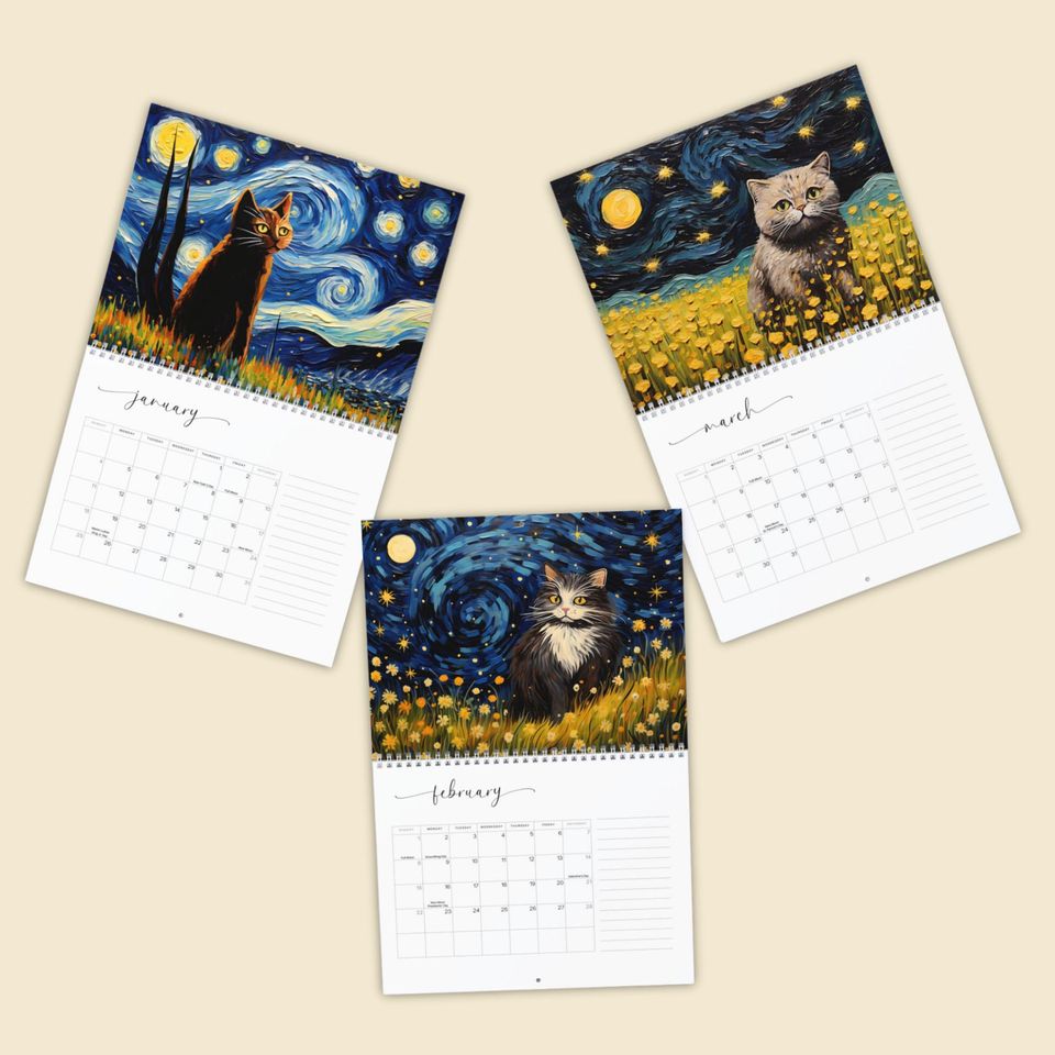 2026 Cat Art Wall Calendar, Van Gogh Starry Night