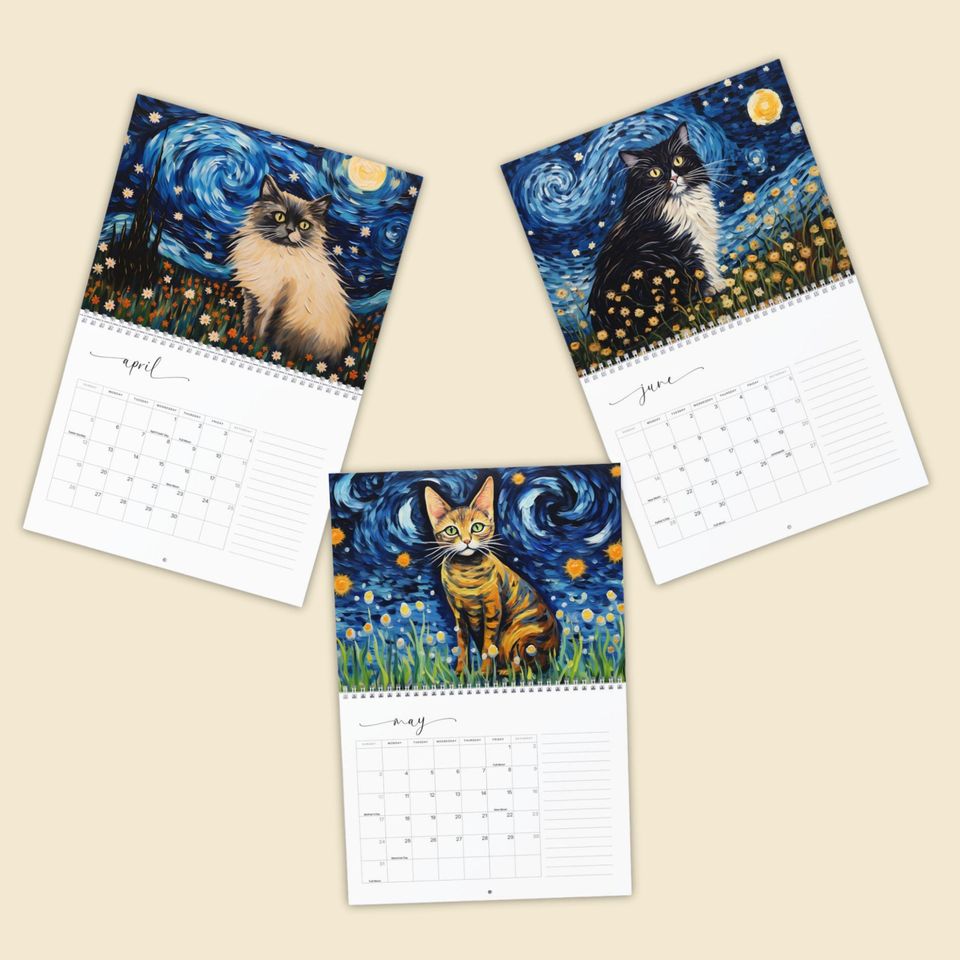 2026 Cat Art Wall Calendar, Van Gogh Starry Night