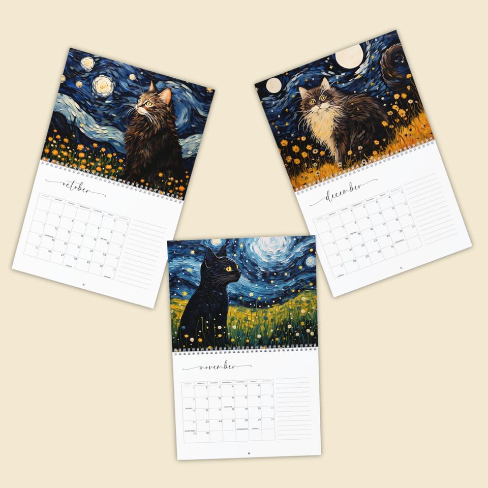 2026 Cat Art Wall Calendar, Van Gogh Starry Night