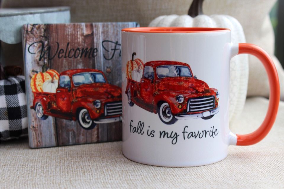 Vintage Fall Truck Coffee Mug & Coaster Set, Fall Coffee Mugs, Fall Gift Ideas, Fall Coasters, Gift Sets, Fall Coffee Cups