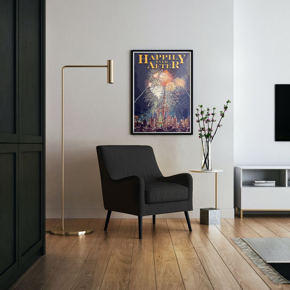 Happily Ever After Fireworks Retro Poster, Disney Poster