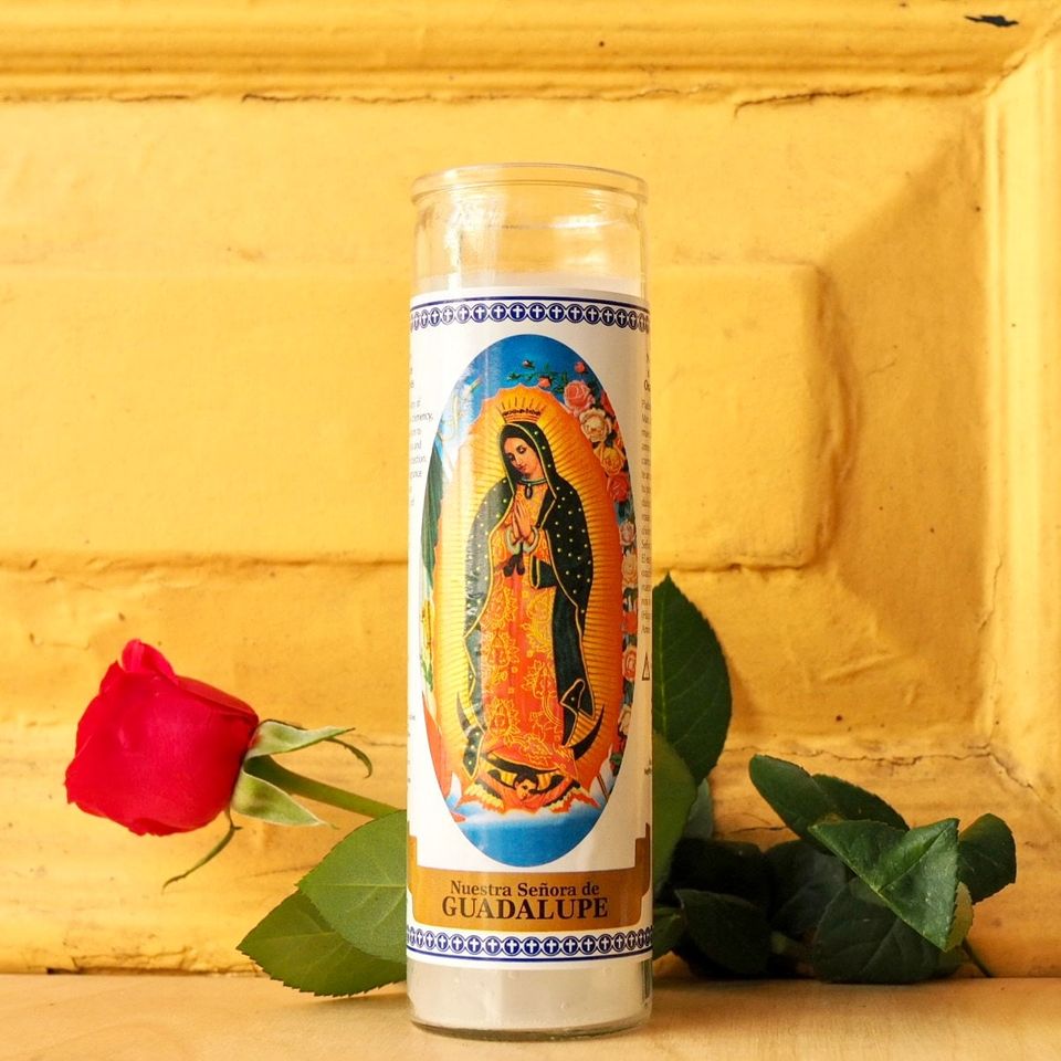 Ritual Prayer 7 Day Candle, Shrine, Altar Virgin Mary Glass Pillar Virgin de Guadalupe Alternative Mexican Wedding Day of the Dead Halloween