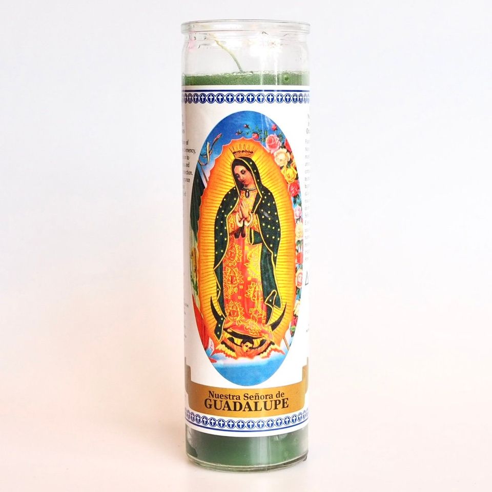 Ritual Prayer 7 Day Candle, Shrine, Altar Virgin Mary Glass Pillar Virgin de Guadalupe Alternative Mexican Wedding Day of the Dead Halloween