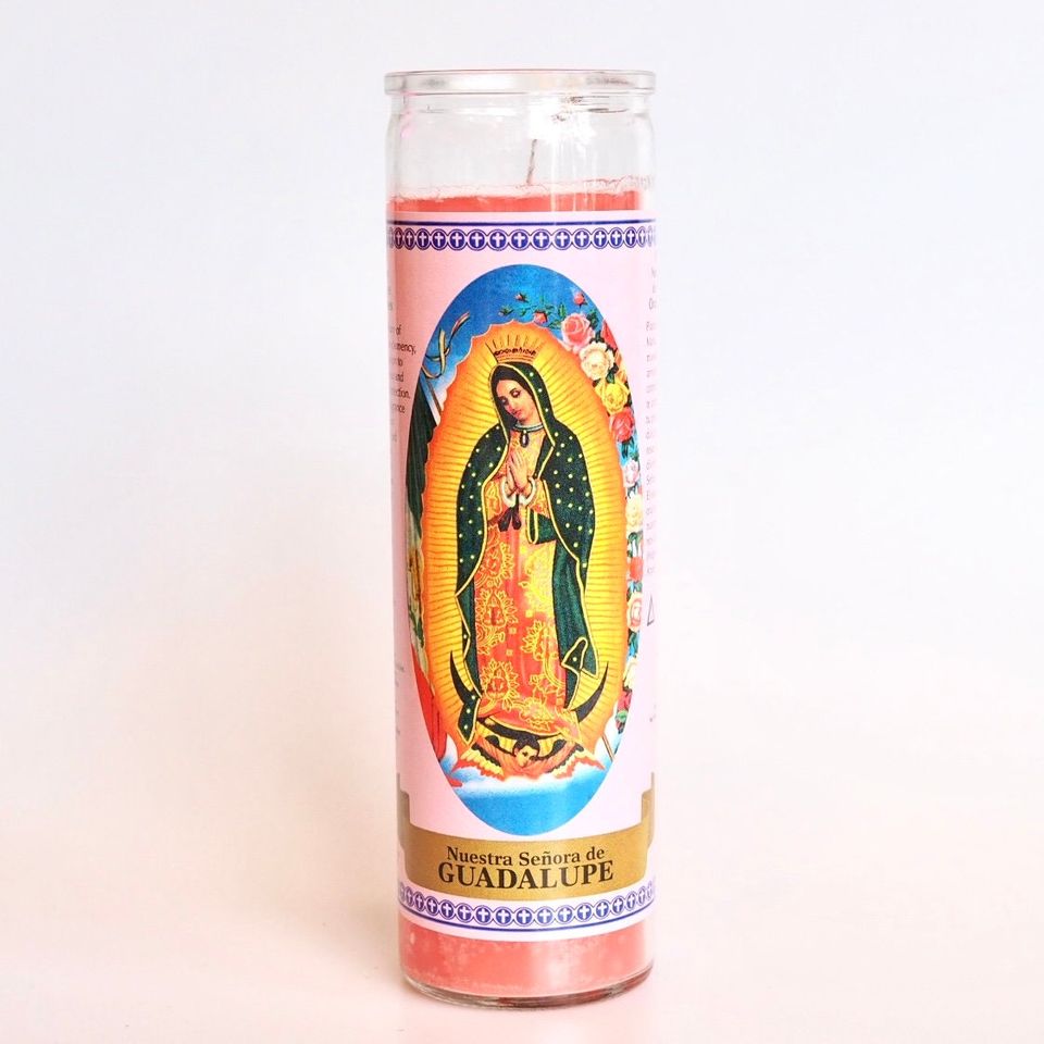 Ritual Prayer 7 Day Candle, Shrine, Altar Virgin Mary Glass Pillar Virgin de Guadalupe Alternative Mexican Wedding Day of the Dead Halloween