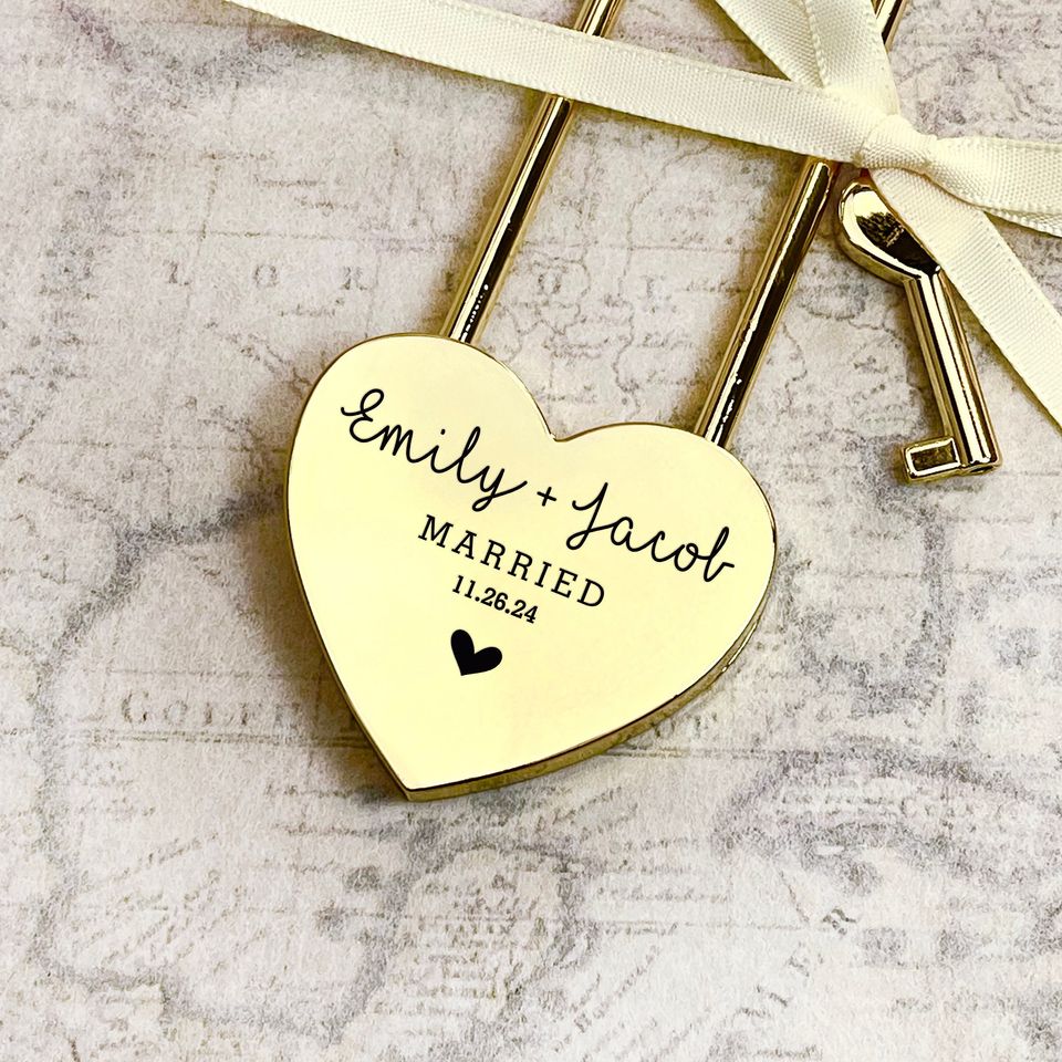 Personalized Gold Love Lock, Custom Heart Padlock, Wedding Anniversary Gift